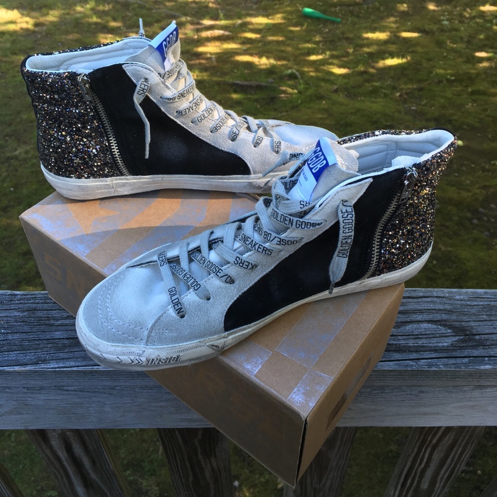 Golden Goose Slide Black/Gold Glitter Orange Star - Picture 3 of 12